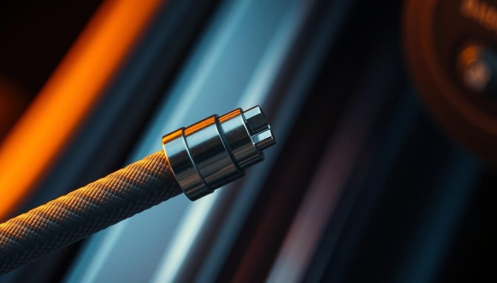 A close-up view of a car door release cable, showcasing its material quality and construction. The cable is illuminated by warm, directional lighting, highlighting its texture and durability. The image is captured at a slight angle, emphasizing the cable's form and flexibility. The background is blurred, keeping the focus on the intricate details of the cable's materials, such as the braided sheath, metal connectors, and smooth, pliable core. The overall mood conveys a sense of precision engineering and high-quality craftsmanship. A close-up view of a car door release cable, showcasing its material quality and construction. The cable is illuminated by warm, directional lighting, highlighting its texture and durability. The image is captured at a slight angle, emphasizing the cable's form and flexibility. The background is blurred, keeping the focus on the intricate details of the cable's materials, such as the braided sheath, metal connectors, and smooth, pliable core. The overall mood conveys a sense of precision engineering and high-quality craftsmanship.