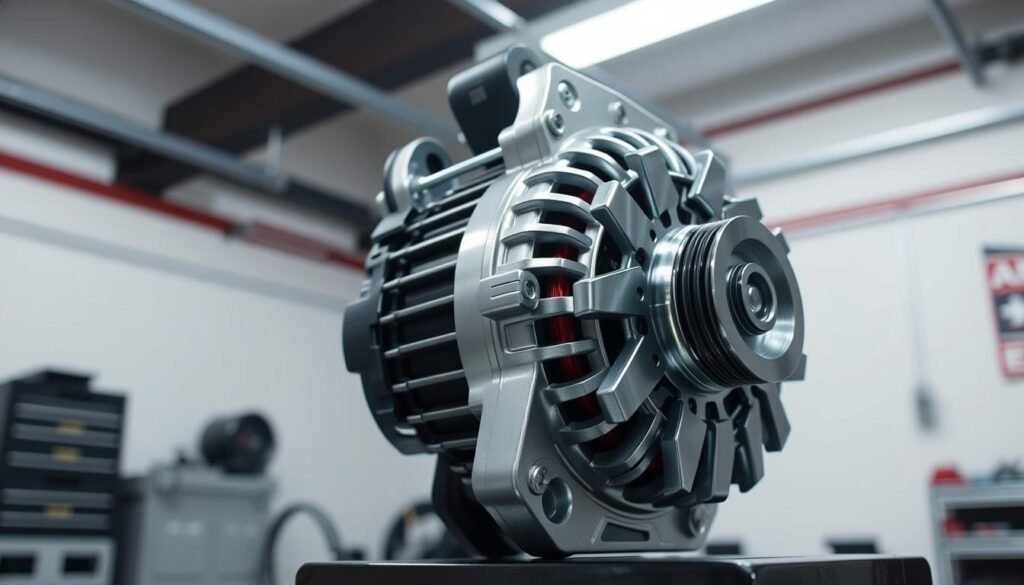 A high-performance automotive alternator with a chrome finish, viewed from the side in a well-lit garage setting. The alternator's intricate components are visible, showcasing its robust construction and compatibility with various vehicle models. The lighting emphasizes the alternator's sleek design and precision engineering, creating a sense of power and reliability. The background features a clean, neutral environment to maintain the focus on the technical details of the alternator. A high-performance automotive alternator with a chrome finish, viewed from the side in a well-lit garage setting. The alternator's intricate components are visible, showcasing its robust construction and compatibility with various vehicle models. The lighting emphasizes the alternator's sleek design and precision engineering, creating a sense of power and reliability. The background features a clean, neutral environment to maintain the focus on the technical details of the alternator.