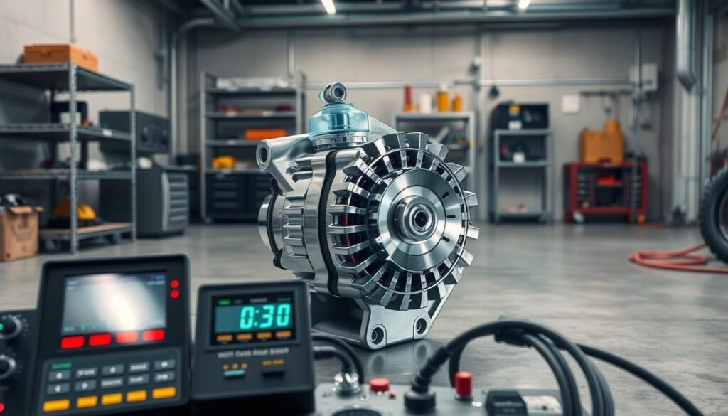 A high-resolution, detailed, and realistic image of a 120-amp chrome alternator undergoing a performance test. The alternator is prominently displayed in the center, its chrome casing gleaming under the bright lighting. The test equipment, such as power meters and digital displays, are visible in the foreground, providing a clear view of the alternator's output and performance parameters. The background features a clean, industrial workshop setting, with concrete floors and metal shelving, creating a professional and technical atmosphere. The lighting is bright and directional, casting dramatic shadows and highlighting the intricate details of the alternator. The overall tone is one of precision, power, and technical excellence, perfectly capturing the "Performance Analysis and Power Output" section of the "High-Performance 120Amp Chrome Alternator Review" article. A high-resolution, detailed, and realistic image of a 120-amp chrome alternator undergoing a performance test. The alternator is prominently displayed in the center, its chrome casing gleaming under the bright lighting. The test equipment, such as power meters and digital displays, are visible in the foreground, providing a clear view of the alternator's output and performance parameters. The background features a clean, industrial workshop setting, with concrete floors and metal shelving, creating a professional and technical atmosphere. The lighting is bright and directional, casting dramatic shadows and highlighting the intricate details of the alternator. The overall tone is one of precision, power, and technical excellence, perfectly capturing the "Performance Analysis and Power Output" section of the "High-Performance 120Amp Chrome Alternator Review" article.