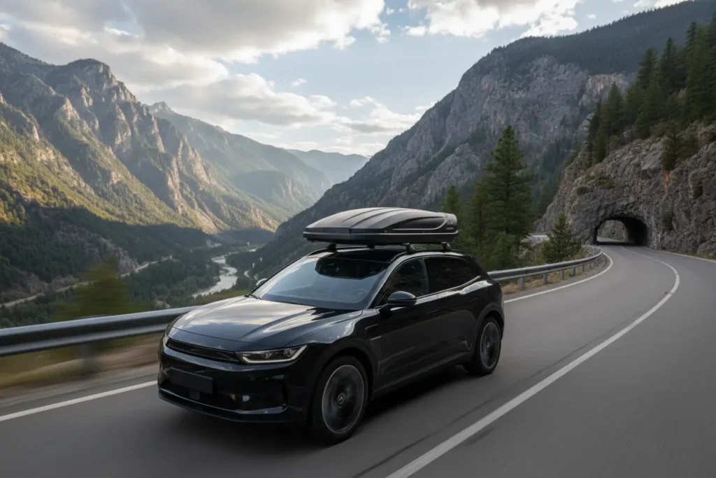 SUV with waterproof roof cargo carrier on a scenic drive
