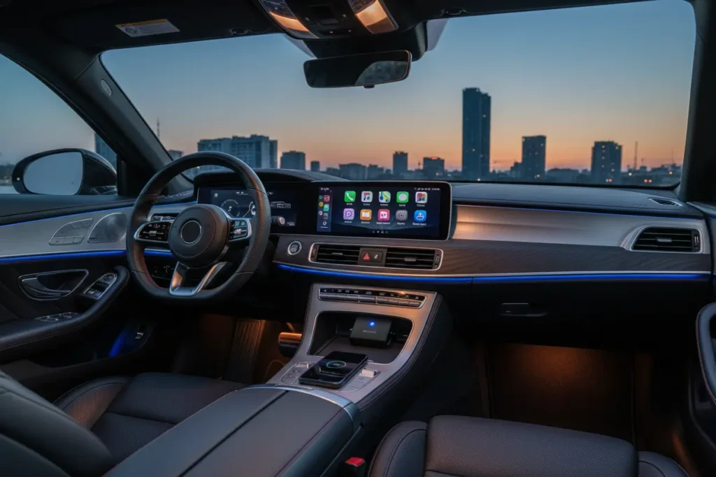 Modern car interior with wireless CarPlay adapter connected, displaying Apple CarPlay.