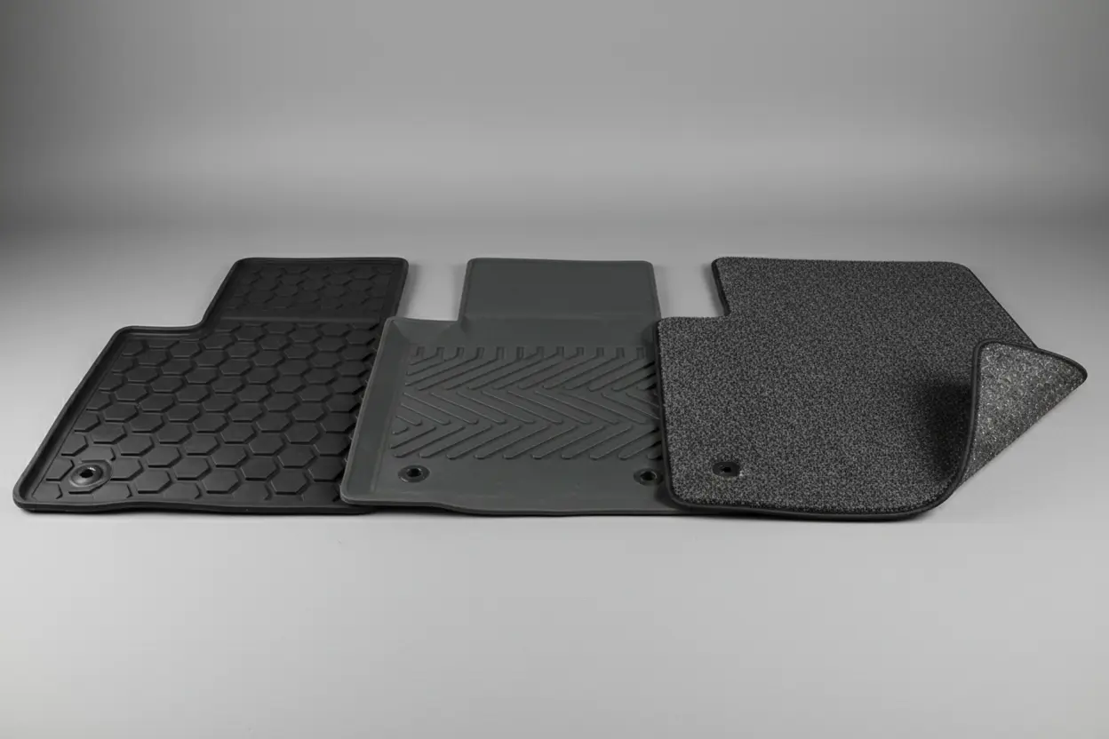 Diverse Car Mat Materials Comparison of rubber, thermoplastic, and carpeted heavy duty car floor mats.