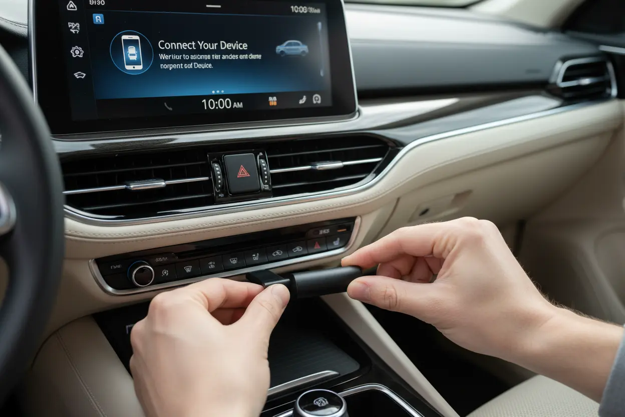Hands installing a best wireless CarPlay adapter 2026 into a car's USB port.