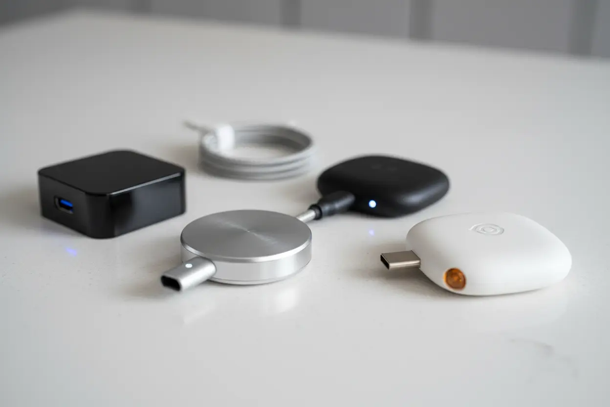 A collection of compact wireless CarPlay adapters, highlighting their design and features.