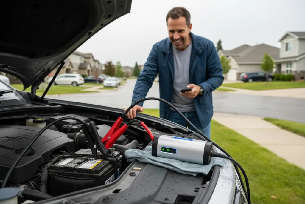Top rated portable car jump starter connected to a car battery