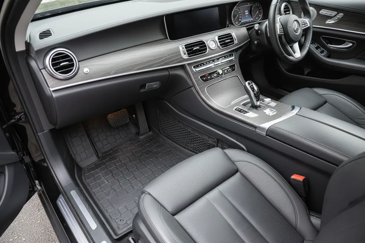 New heavy duty car floor mats installed in a modern car.