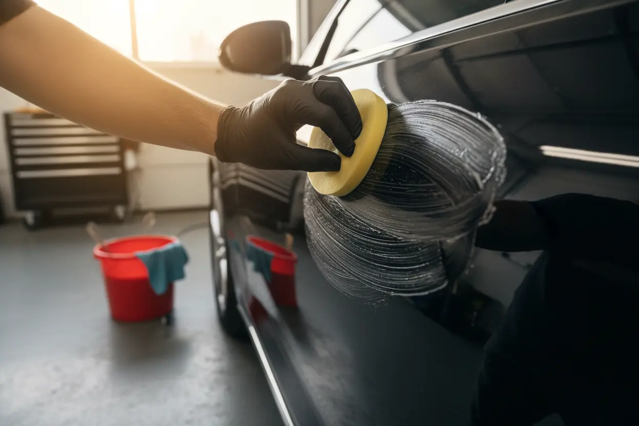 Applying the best car wax for black paint with an applicator pad