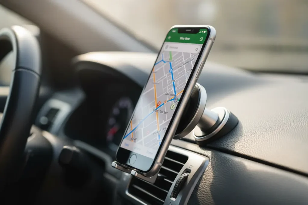 Magnetic phone holder on car dashboard