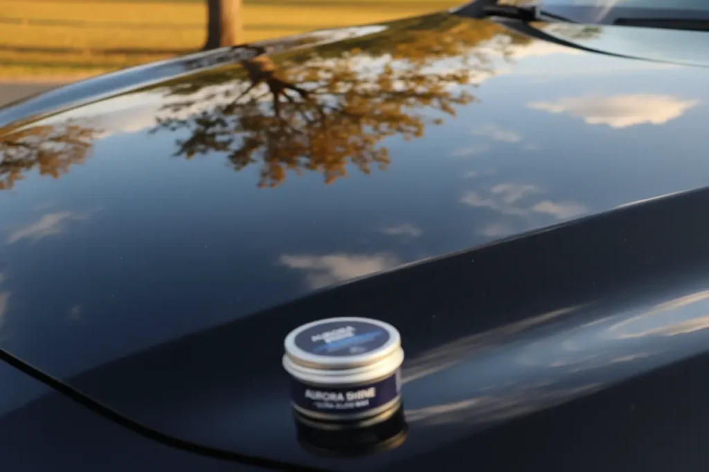 Glossy black car hood reflecting sky, car wax product