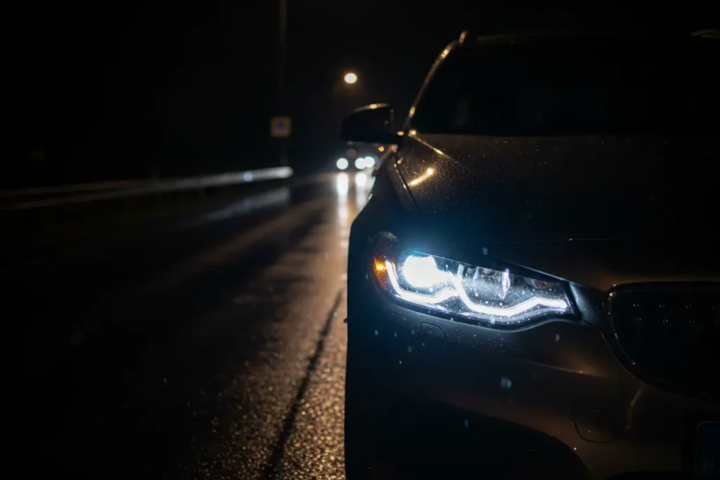 Modern car with bright LED headlights
