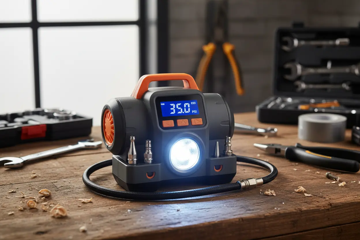 Digital display and nozzles of a tire inflator