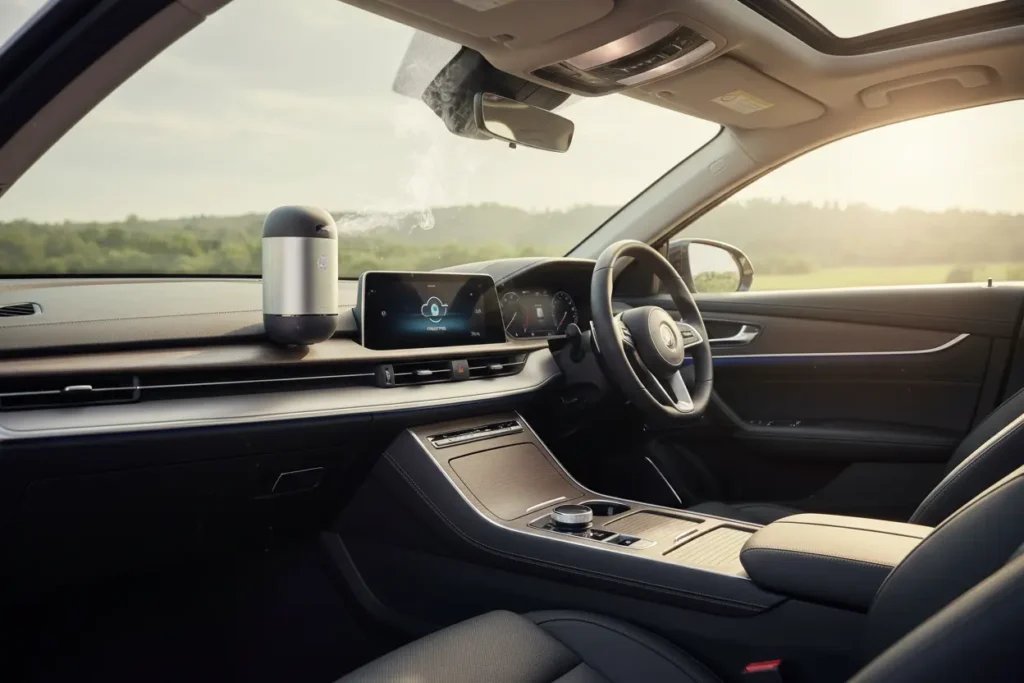 Car interior with air purifier removing smoke