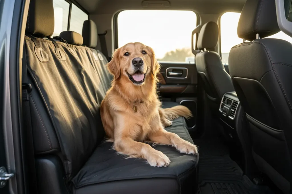Golden retriever on a dog seat cover in a truck