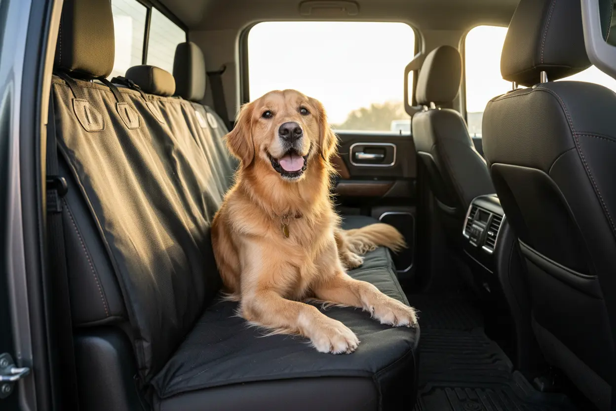 Golden retriever on a dog seat cover in a truck