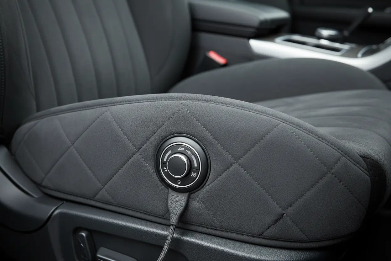 Heated Cushion Features Close-up of heated seat cushion controls and material