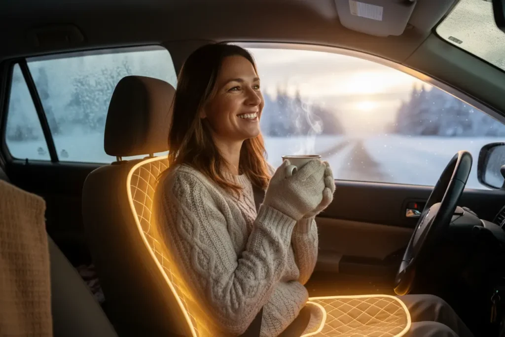 Driver enjoying a heated seat cushion in a car