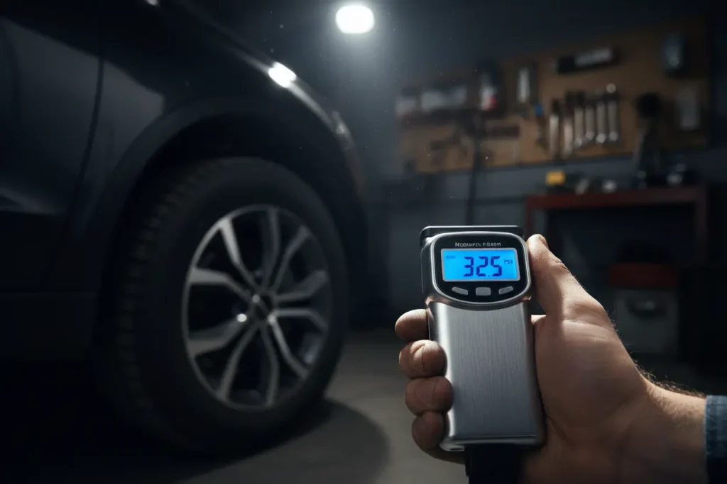 Hand holding a digital tire pressure gauge showing a reading on a car tire.