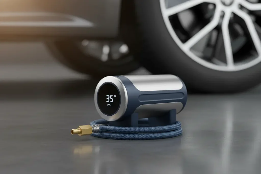 Portable air compressor for tires on a car wheel