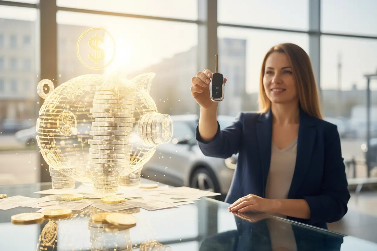 Person smiling, saving money with a car GPS tracker
