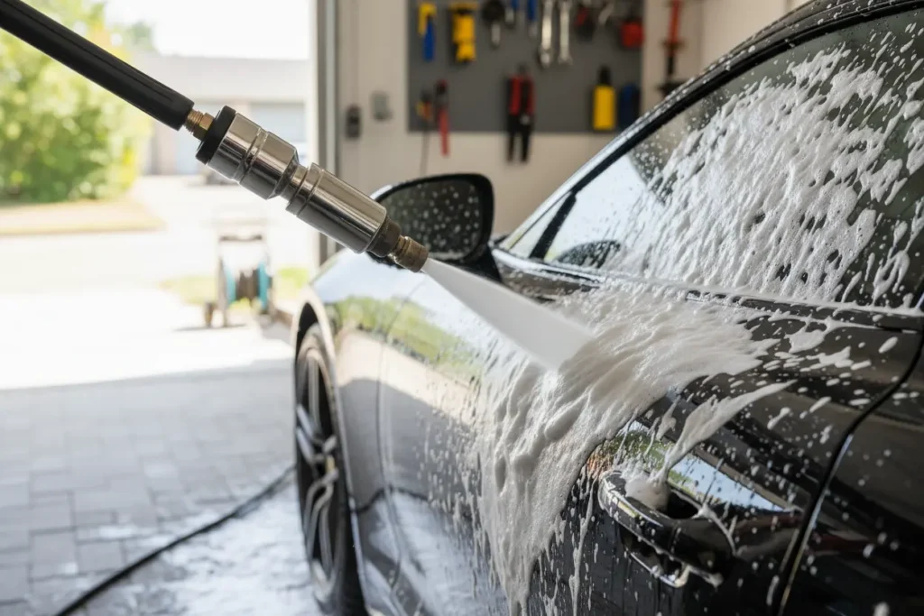 Foam cannon spraying thick foam on car