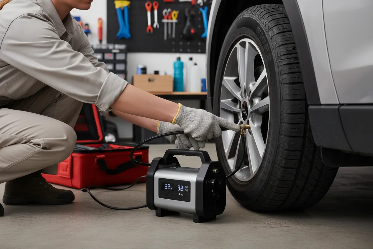 Person connecting portable air compressor to a car tire
