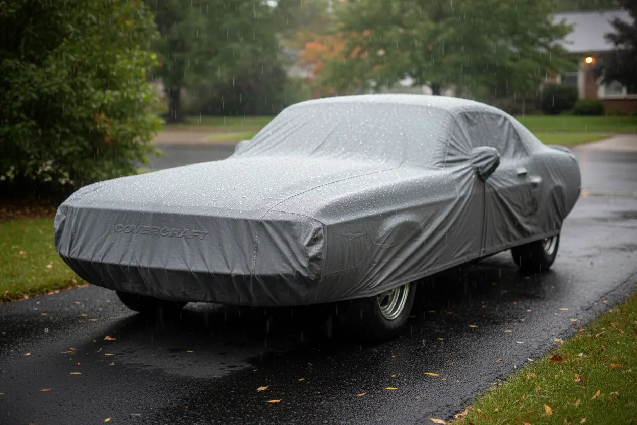 Classic muscle car protected by a Covercraft Noah car cover in the rain