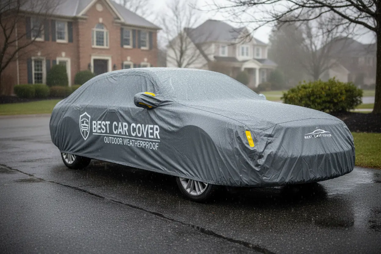 Car protected by an outdoor weatherproof cover in rain