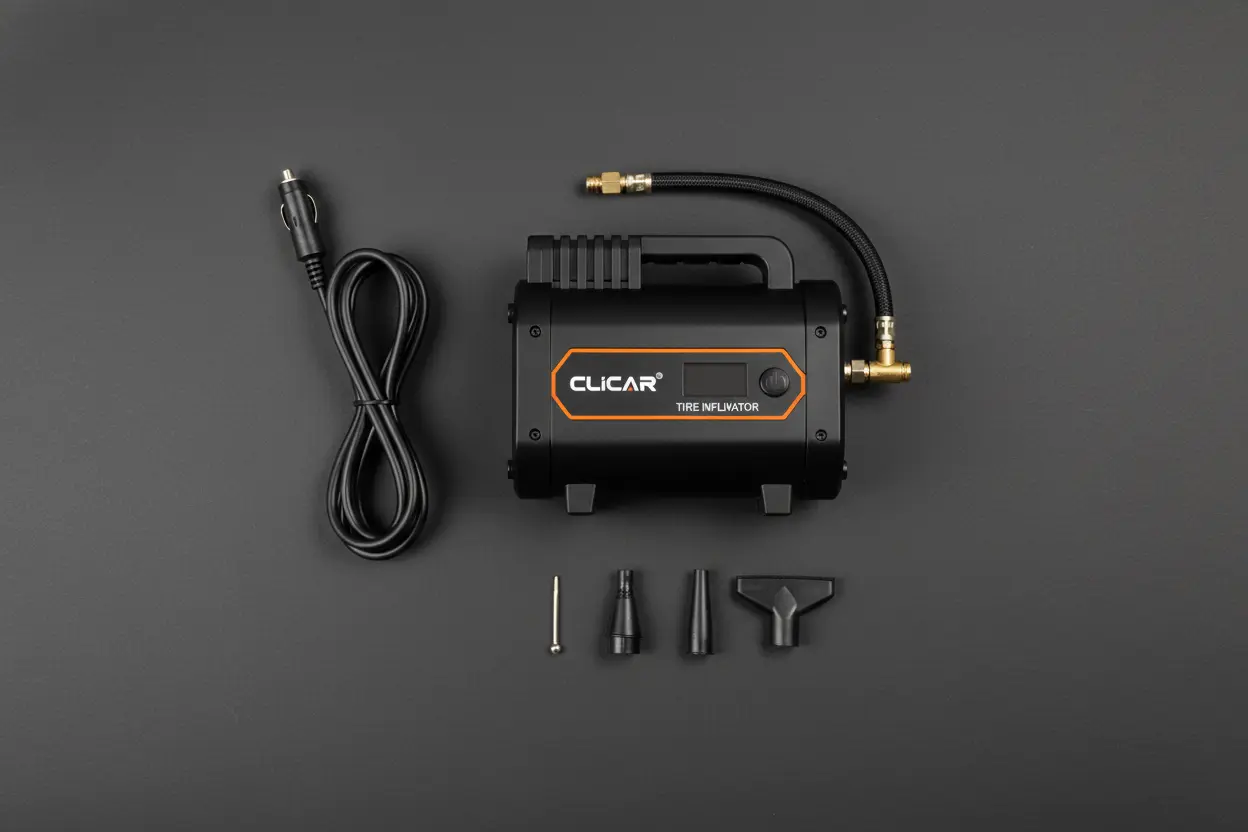 Clicar Tire Inflator and accessories flat lay