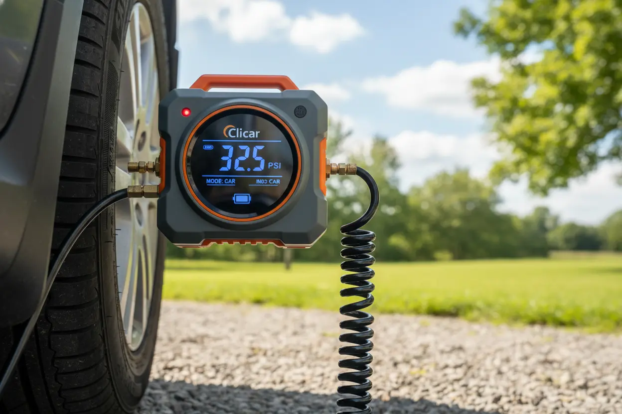 Clicar Tire Inflator connected to car tire valve