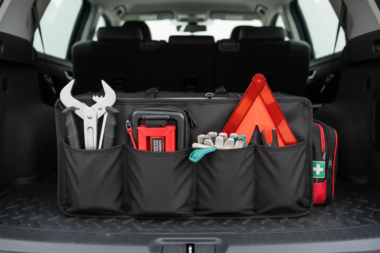 Folded Scissor Universal Emergency Wrench Tire Changing stored in a car trunk with other emergency tools.