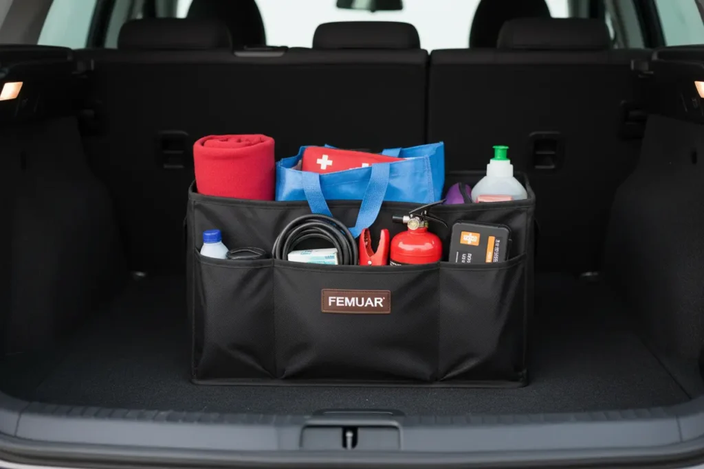 Femuar Car Trunk Organizer filled with items in a car trunk