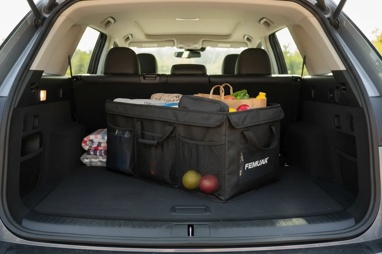 Femuar Car Trunk Organizer inside a car trunk with compartments visible
