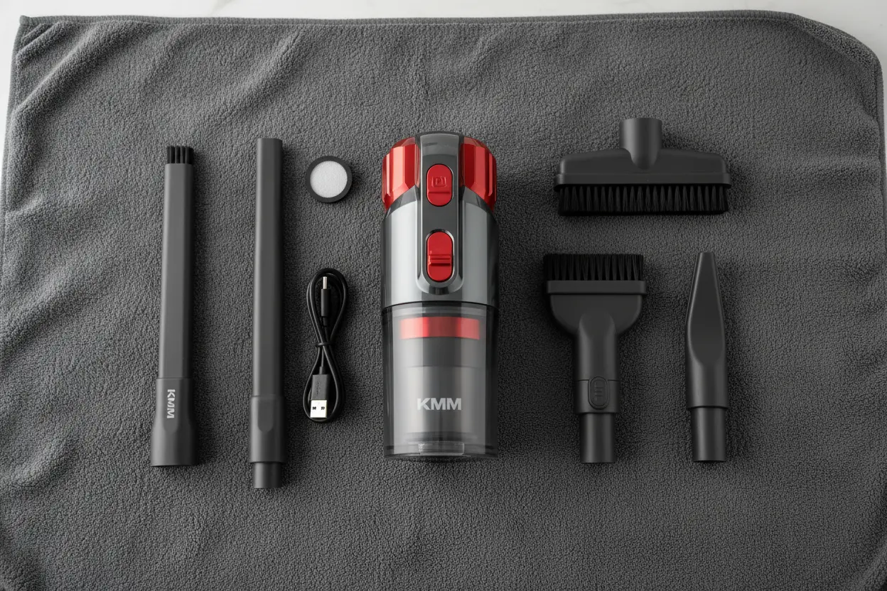 Flat lay of KMM Handheld Car Vacuum Cleaner and accessories