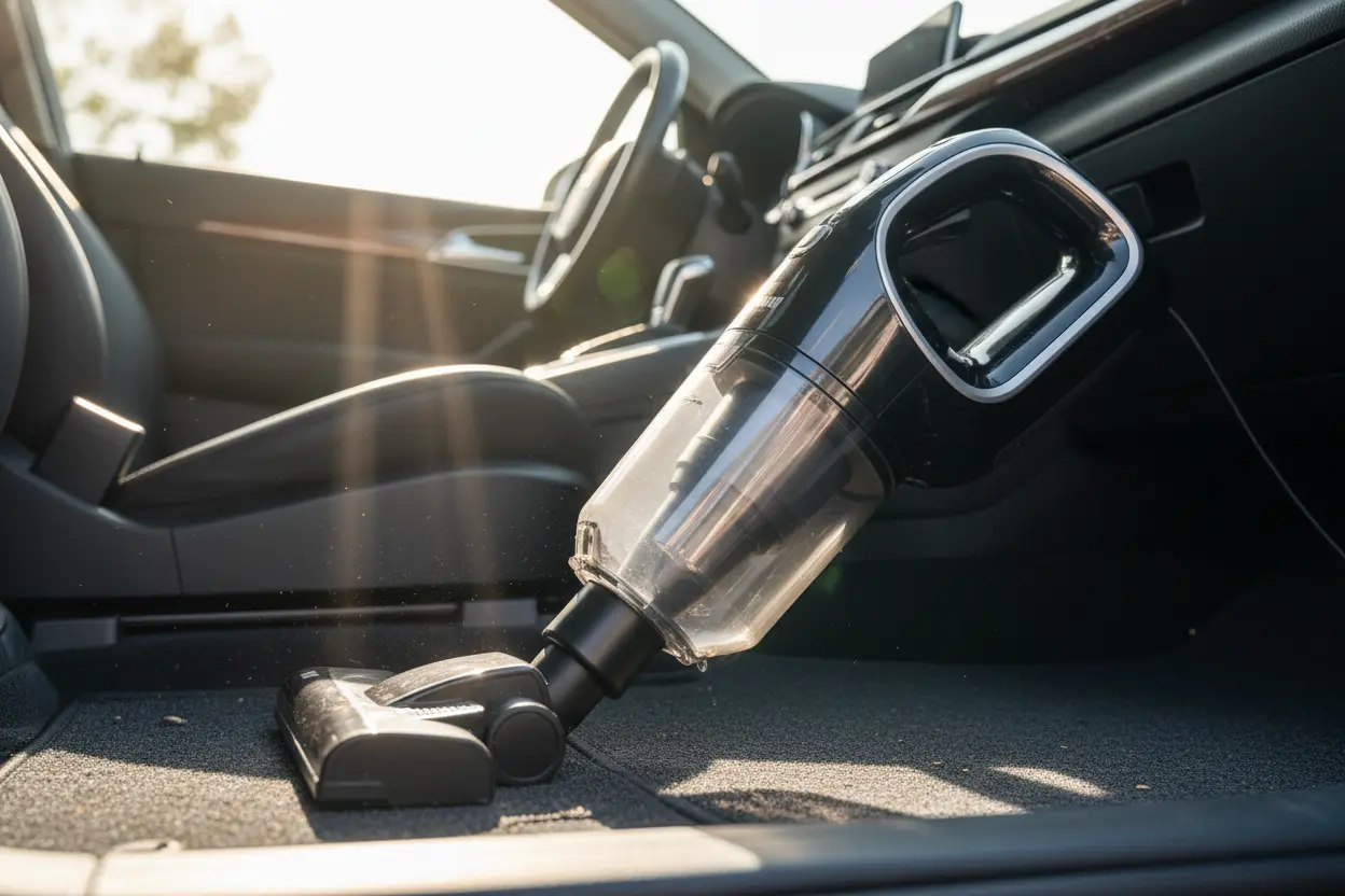 KMM Handheld Car Vacuum Cleaner cleaning a car floor mat