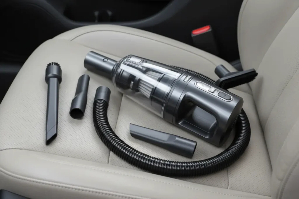 KMM Handheld Car Vacuum Cleaner Multi-Nozzles and accessories on a car seat