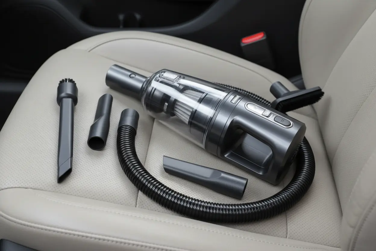 KMM Handheld Car Vacuum Cleaner Multi-Nozzles and accessories on a car seat