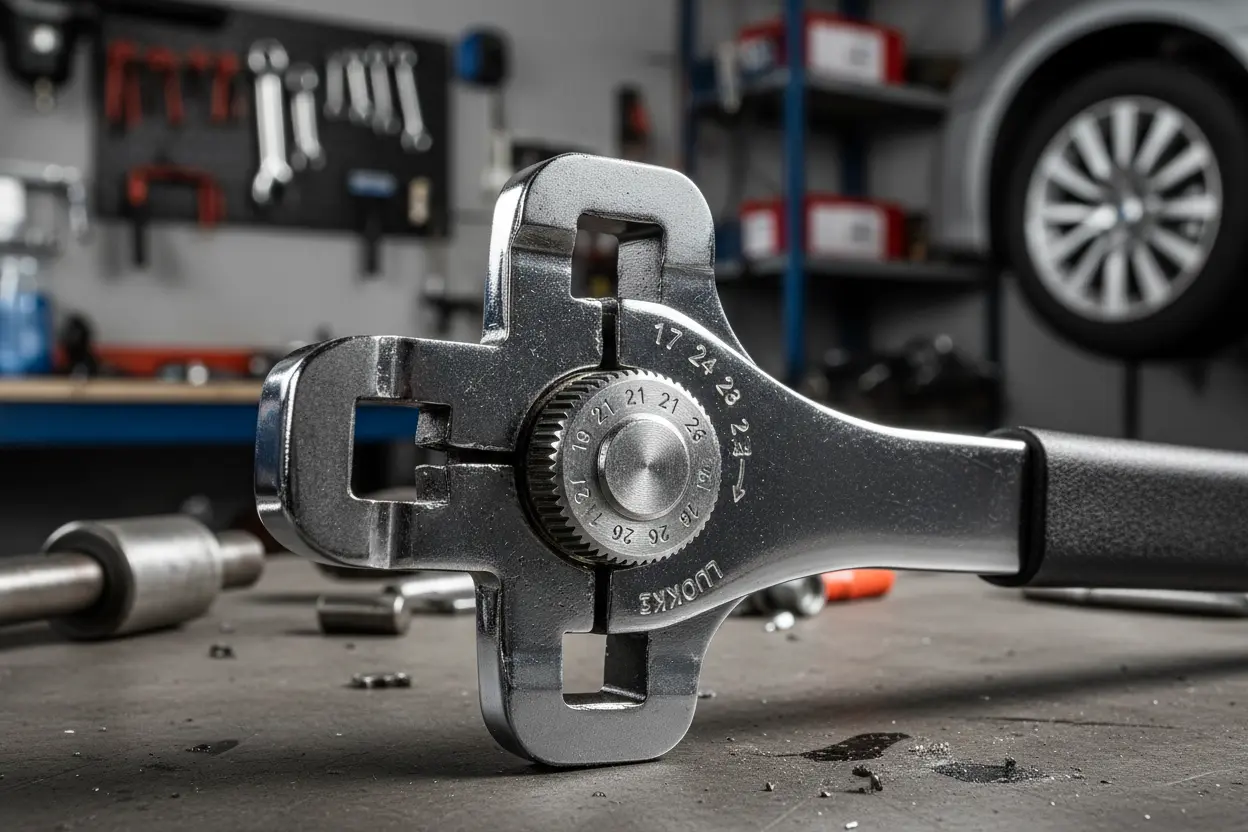 Close-up of the universal head of a Scissor Universal Emergency Wrench Tire Changing, showing size adjustments.