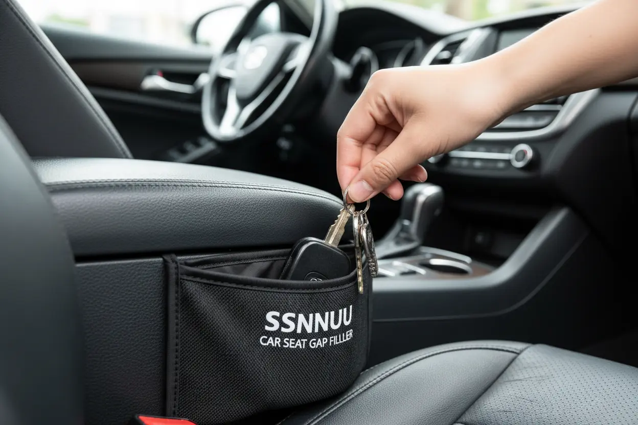 Hand putting keys into SSNNUU Car Seat Gap Filler
