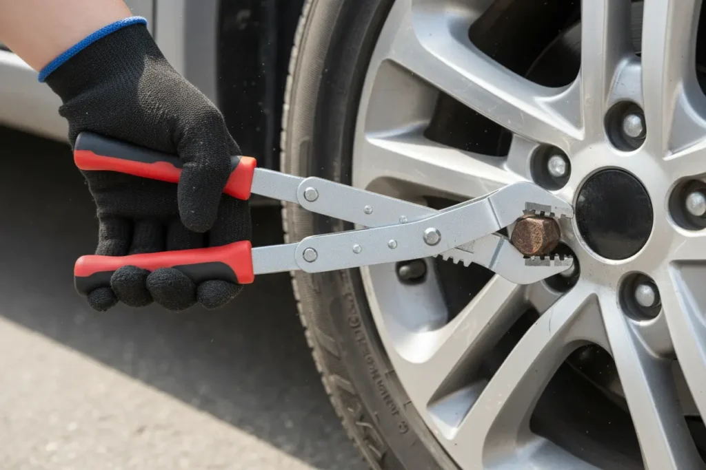 Scissor Universal Emergency Wrench Tire Changing removing a lug nut from a car tire.