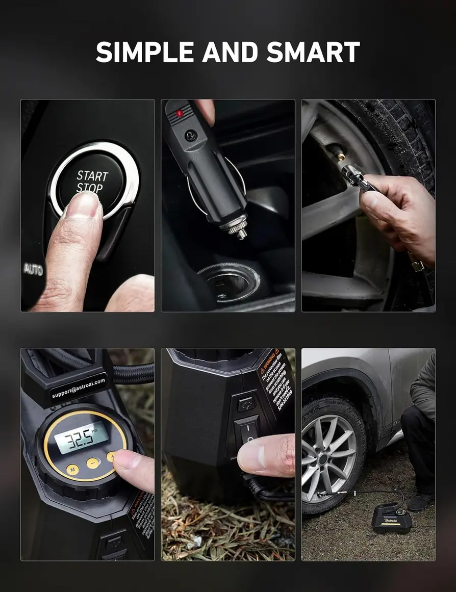 AstroAI AIRUN H Portable Tire Inflator stored in a car's trunk side pocket.