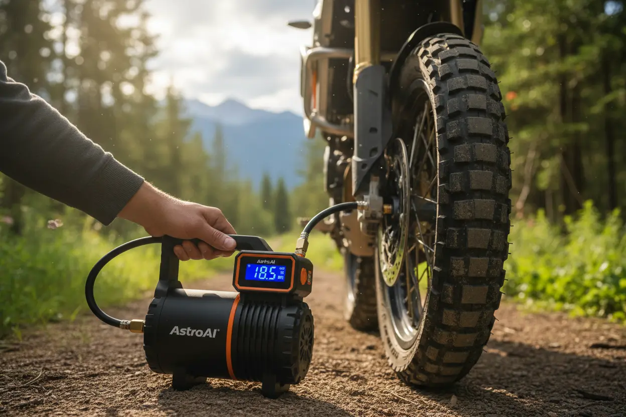 AstroAI L7 Tire Inflator in action on a motorcycle