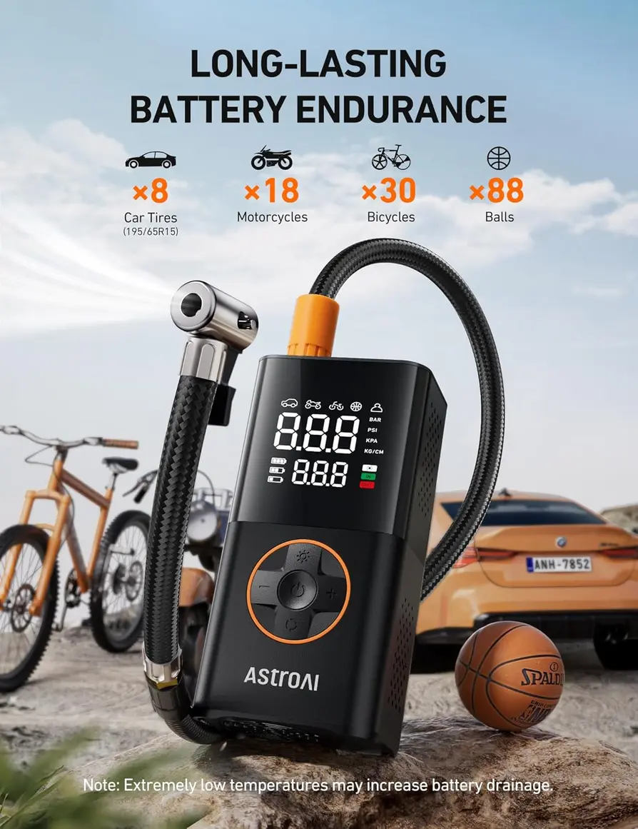 AstroAI L7 Tire Inflator inflating a car tire in a garage