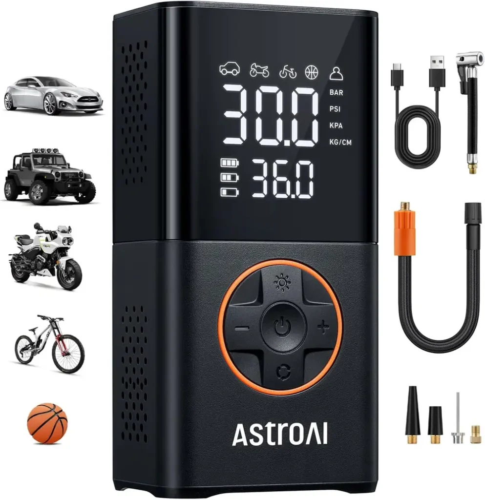Close-up of AstroAI L7 Tire Inflator digital display on car dashboard