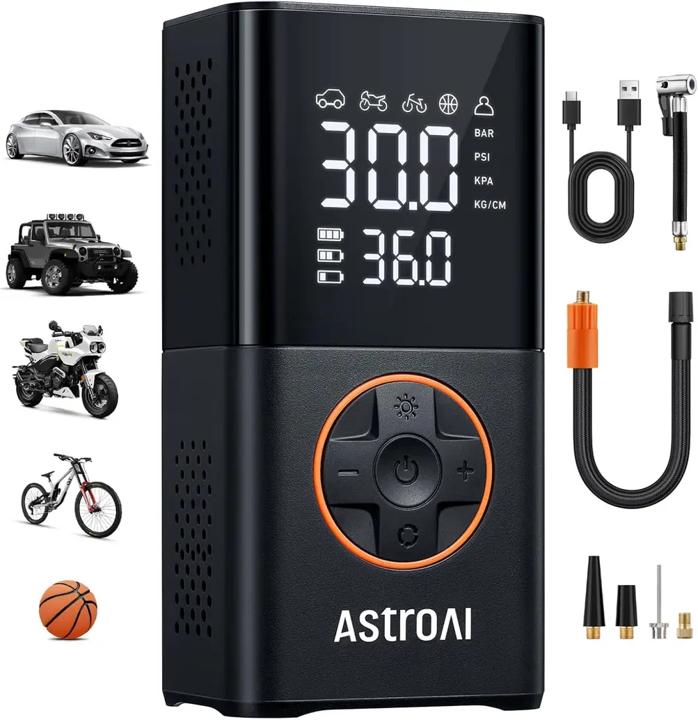 Close-up of AstroAI L7 Tire Inflator digital display on car dashboard