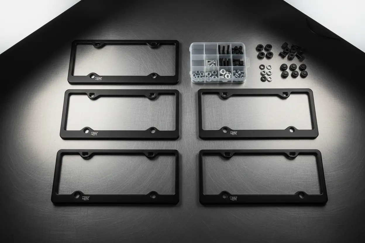 Universal car license plate brackets and mounting hardware laid out.