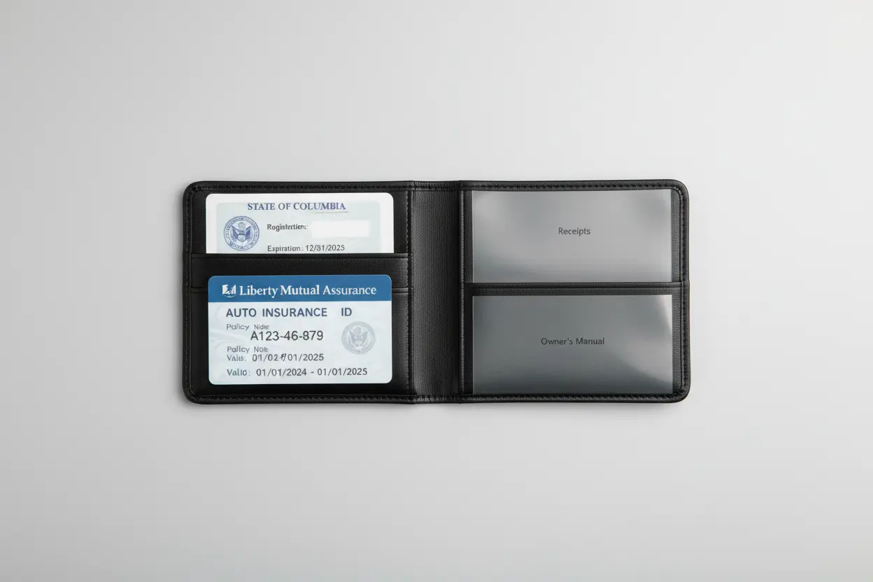Flat lay of car document organizer with cards