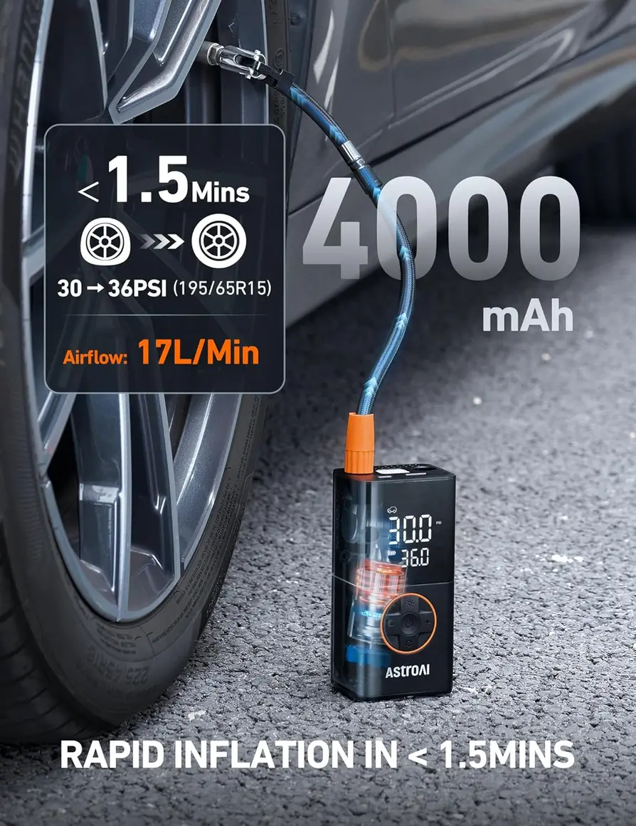 Flat lay of AstroAI L7 Tire Inflator and accessories