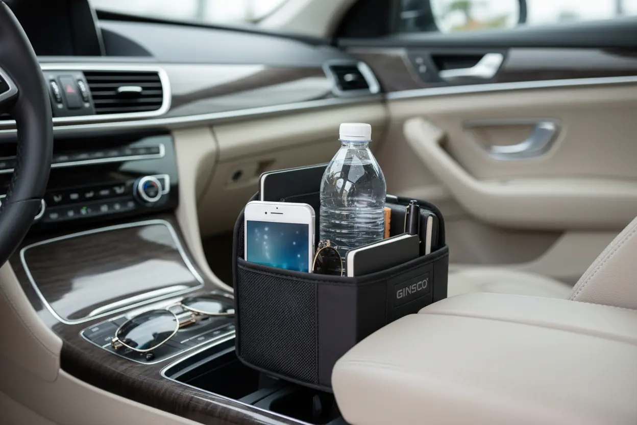 Ginsco car interior storage organizer holding phone and water bottle