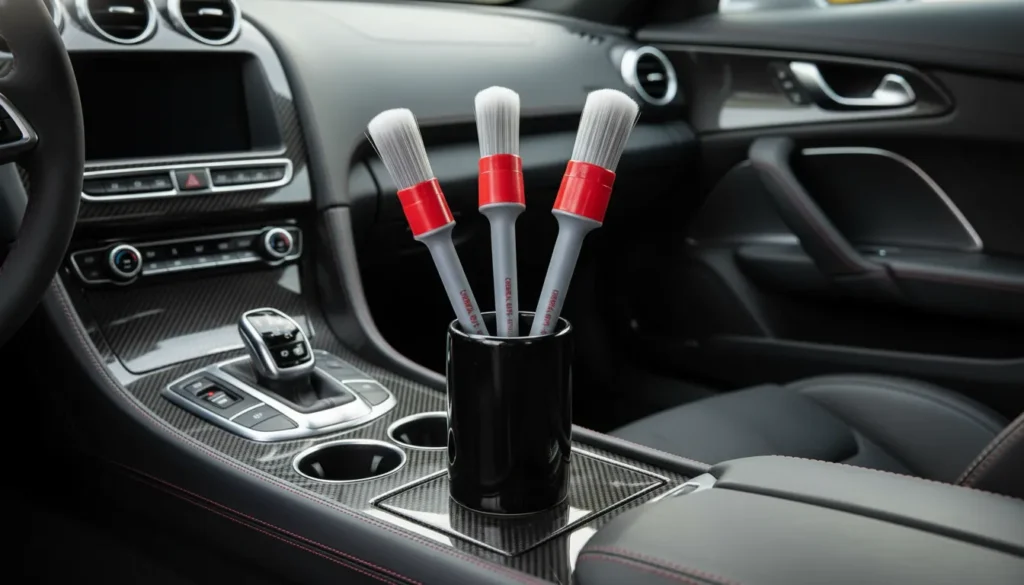 Three detailing brushes with grey handles and red collars standing in a black holder on a carbon fiber car console.