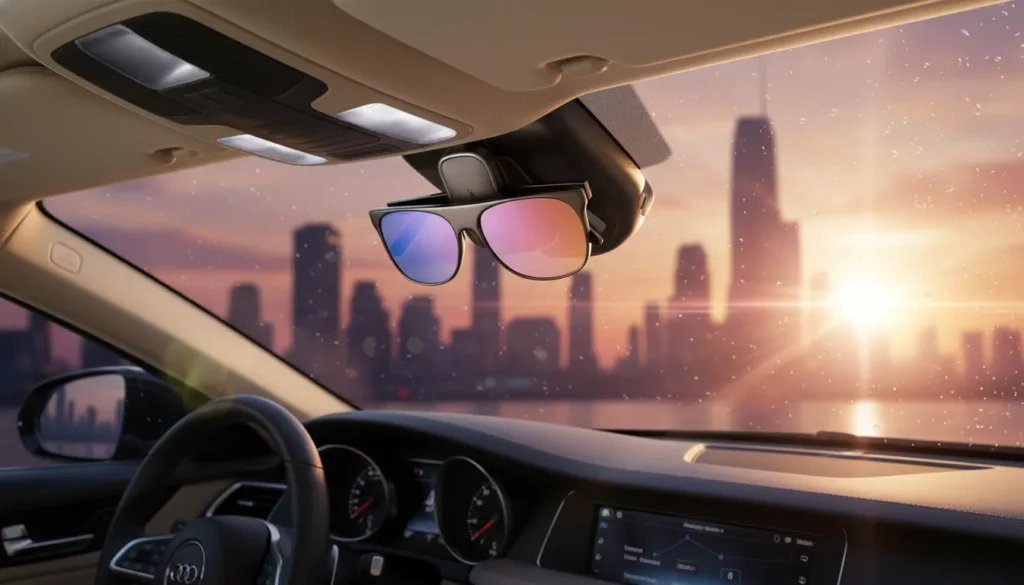 Sunglasses clipped inside a car with a sunset city skyline and raindrops visible through the windshield.